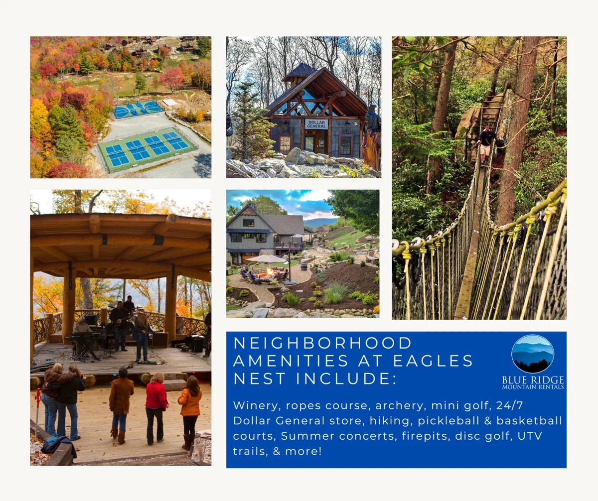 An outdoor community area featuring a ropes course, archery range, mini golf course, and an outdoor concert stage surrounded by gathering spaces and firepits. The scene is lively and adventurous, inviting residents to participate in a variety of group activities.